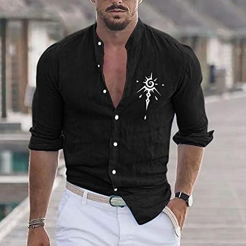 ZDDO pamučne lanene košulje za muške, gumb dolje s dugim rukavima vitka fit mišića na plaži grafički print ovratnik košulja