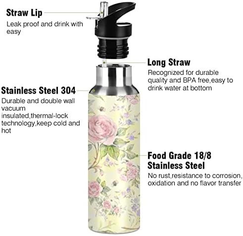 Alaza Lijepe ruže i peonies boca s vodom sa slamnastim poklopcem vakuuma izolirana od nehrđajućeg čelika Termo tikvica boca s vodom
