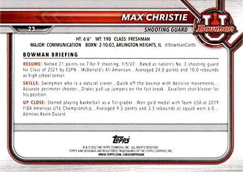 Max Christie RC 2021-22 BOWMAN UNIVERZITELJSKA KOŠALNICA 23 Rookie NM+ -MT+ NBA NCAA košarkaški luk/XRC