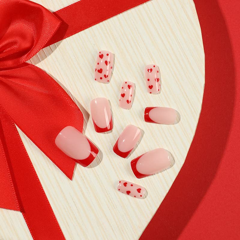 Ispis noktiju za Valentinovo Kratki četvrtasti lažni nokti s crvenim srcem u točkicama, lažni nokti s francuskim vrhom, sjajno akrilno