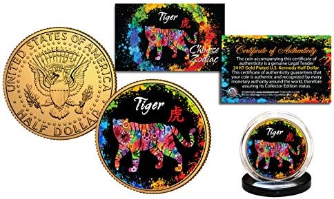 Kineski zodijački polyhrom originalni JFK pola dolara 24K zlatni kovanik - Tiger