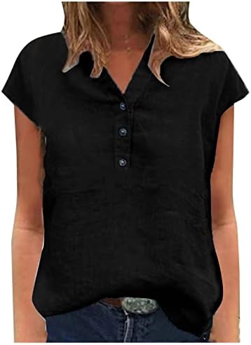 Ženska ležerna Vintage pamučna lanena košulja s izrezom i gumbima u obliku slova u, jednobojni pamučni gornji dio kratkih rukava