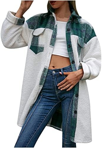 Ženske karirane šerpa duga jakna s jaknom padaju povremeni modni labavi džepovi gumb dugih rukava dolje košulja jakna