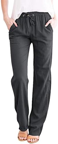 Ženske lanene hlače od donjeg rublja, jednobojne široke hlače visokog struka, udobne pamučne lanene hlače s vezicama s džepovima, široke