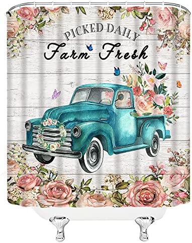 Rustikalni framhouse kamion cvjetna tuš zavjesa Farma svježi cvijet plavi kamion za teal na rustikalnoj vintage drvenoj retro country
