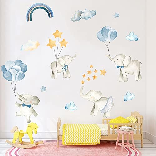 Mirabuy akvarel plavi sivi slon s balonima zidne naljepnice, duge, litte zvijezda i dekor zida u oblaku za dječačku spavaću sobu igraonice,