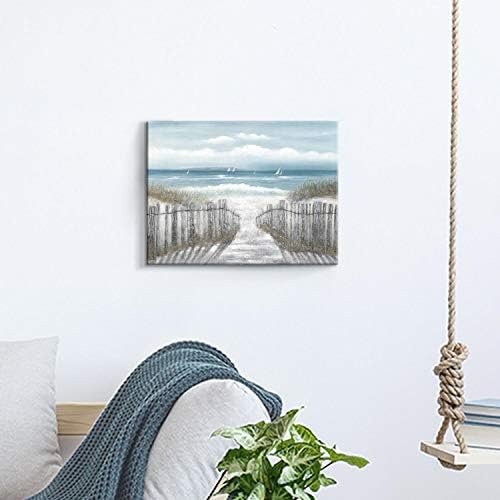Platno zidna umjetnička plaža staza: pješčana staza s slikanjem ograde do umjetničke slike obalnih otisaka za kupaonicu