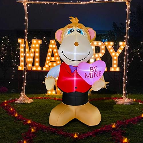 Puhanje zabava od 4 ft Valentinovo na napuhavanje majmuna koji drži srce LED Osvijetljeni ukras za rođendansko dvorište travnjaka