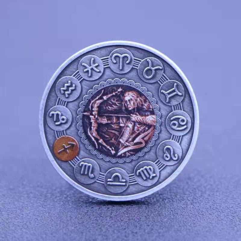 Dvanaest zviježđa sretni nikl, Drevni srebrni medaljon poklon unisex par prstiju za igranje s kovanicama