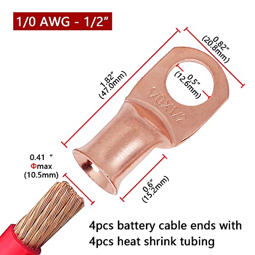 4PCS 1/0 AWG-1/2 baterije, bakreni nosači žica, teški kabelski kabel, cjevasti prstenasti terminali, AWG Crimp Wire Ring Chugs, priključci