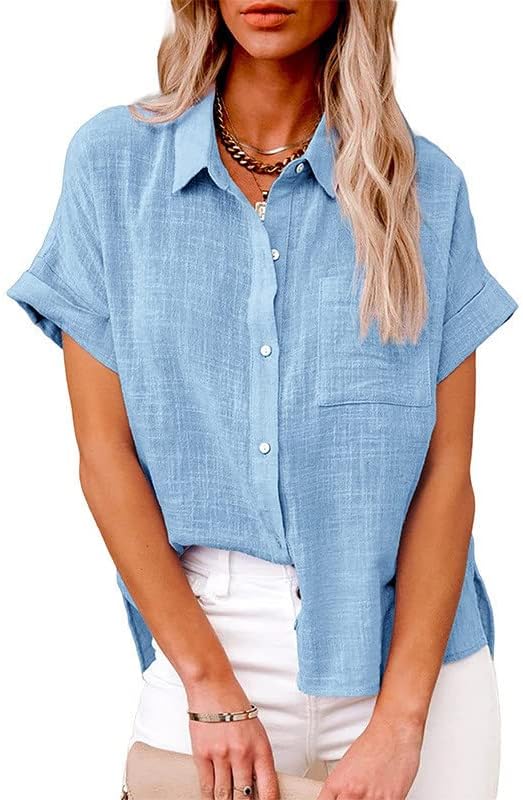 Pamučne lanene košulje ženske majice kratkih rukava s ovratnikom na kopčanje široke jednobojne majice elegantne slatke bluze majica