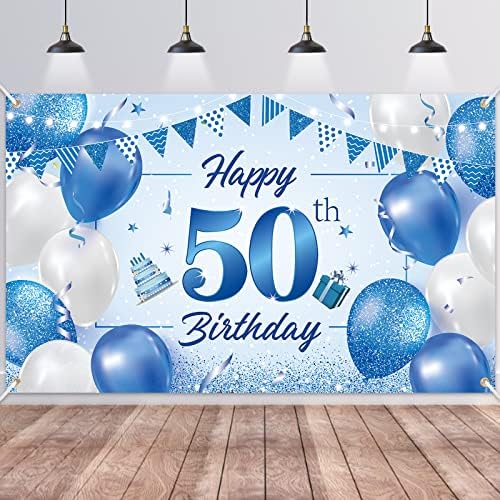 50. rođendanska pozadina, btzo sretni ukrasi za 50. rođendan, pozadina plave bijele tkanine za muškarce i žene zabavu na 50. rođendan,