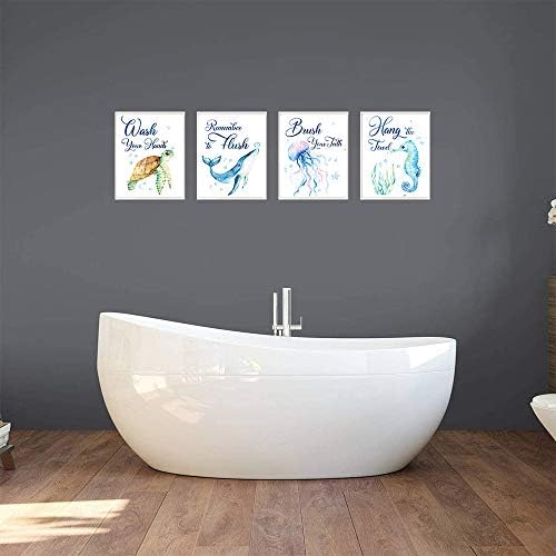 Suuura-OO morski morski život kupaonica akvarelni umjetnički print set od 4, morska kornjača riba ribe kitovi zid plakat, plavi ocean
