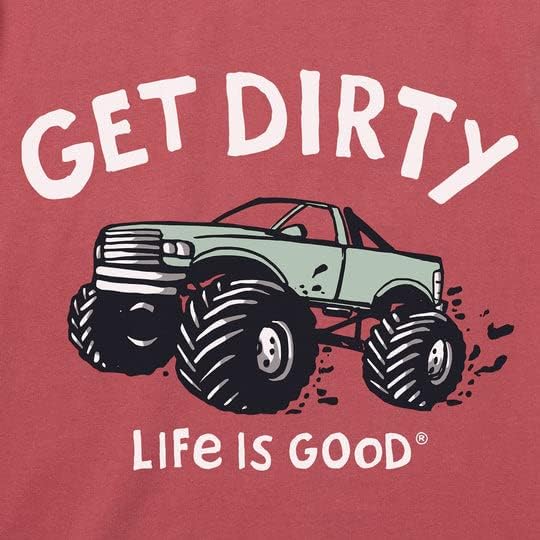 Život je dobar. Djeca dobivaju prljavi kamion ss drobljenje majice, izblijedjela crvena, xx-velika