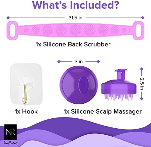 Neerockz-Silikonski piling za tijelo i masažer vlasišta, 3-inčni piling skalpa i dvostrani 31,5-inčni leđa za tuširanje, ergonomski