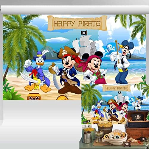 Pozadina s gusarskim Mikijem i prijateljima, tropska plaža, pozadina gusarske avanture, dječja piratska tema, ukrasi za rođendanske
